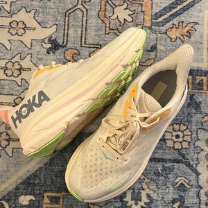 Hoka Pink and Green Athletic Shoes Clifton 9